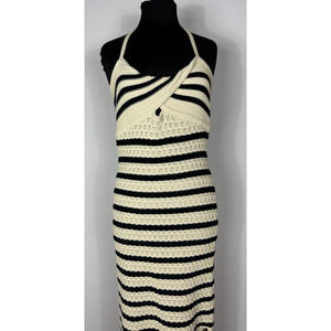 House of Harlow 1960 Tan Black Stripe Crochet Halter Midi Dress Boho Resort Sz M